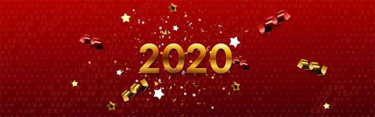 Happy New 2020 Year. Vector holiday illustration. Festive banner concept. Red background with golden typography halftone pattern and sparkling tinsel. Greeting card or party invitation sign template