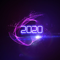 Happy New 2020 Year. Futuristic glowing neon light splash with bursting light rays and particles. Vector holiday illustration. Festive New Year 2020 party sign. Decoration element for design