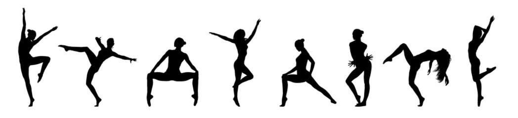 Obraz na płótnie Canvas Set Of Different Contemporary Dance Poses. Black Silhouettes On White