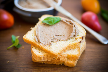 sandwiches with homemade chicken liver pate closeup