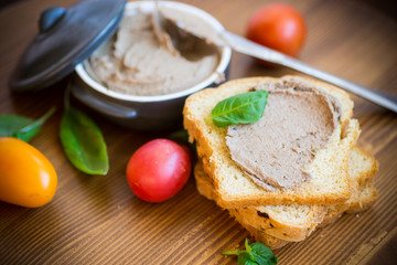 sandwiches with homemade chicken liver pate closeup