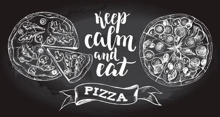 Keep calm and eat pizza. Background with Ink hand drawn food elements and brush calligraphy style lettering. Vector illustration. Food elements collection for menu design.