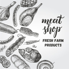 Ink hand drawn background with meat and grill products, bacon, salami and sausages. Food elements collection. Vector illustration. Menu or signboard template.