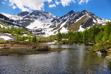 Naklejka na ściany i meble Glacial Arpy lake near Morgex, Aosta Valley in north Italy