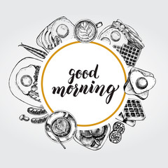 Ink hand drawn background with breakfast dishes - fried eggs, sausages, bacon, coffee. Food elements collection with brush calligraphy style lettering. Vector illustration. Menu or signboard template. - 280790582
