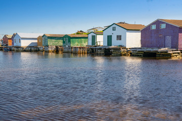 Old Fishing Sheds in harbor in Newfoundland, Canada