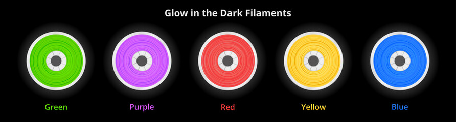 Vector set of glow in the dark filaments for 3D printing wounded on the spool. Plastic green, purple, red, yellow and blue materials shining in the dark for a 3D printer isolated on a dark background.