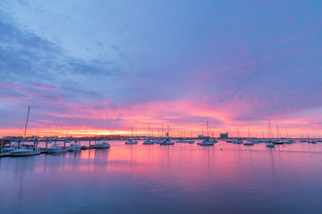 Sunrise View of Boston Marina with Cloud Skies