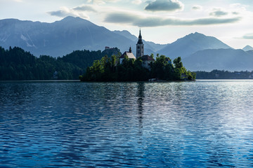 Lake Bled Slovenia.  Most famous Slovenian lake and island Bled with Pilgrimage Church of the...