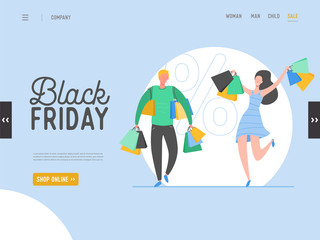 Concept of landing page on shopping theme, Black friday online Sale. Vector illustration for mobile website and web page design. Flat man and woman characters holding shopping