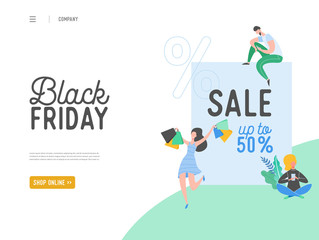 Concept of landing page on shopping theme, Black friday online Sale. Vector illustration for mobile website and web page design. Flat man and woman characters holding shopping