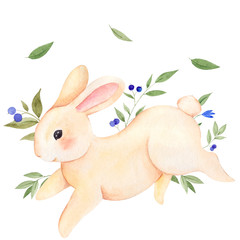 Cute forest bunny with leaves, flowers and berry, watercolor yand draw illustrations isolated on white background