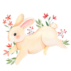 Cute forest bunny with leaves, flowers and berry, watercolor yand draw illustrations isolated on white background