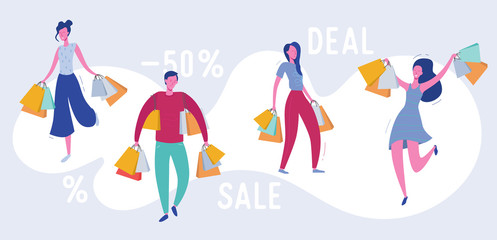 Set of people with Shopping Bags and Presents. Man and woman Characters, Big sale, Discount and Advertising Banner, Flyer, promo Poster Concept illustration in vector
