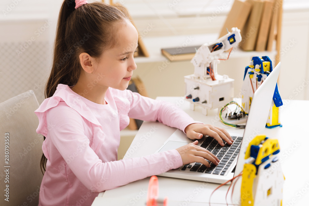 Poster Creating robotics project. Girl typing plan of robot model