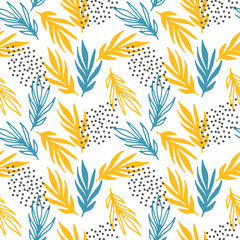Seamless pattern of blue and yellow branches with dots on white background, simple vector illustration.