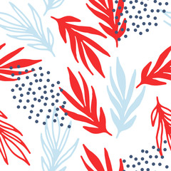 Simple seamless pattern of blue and red leaves on branches with dots on white background.