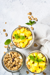 Parfait with yogurt, mango and granola top view.