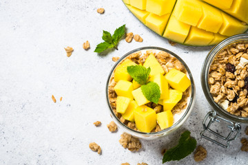 Parfait with yogurt, mango and granola top view.