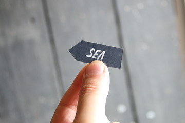Sea idea. Hand holding a sign with the inscription.