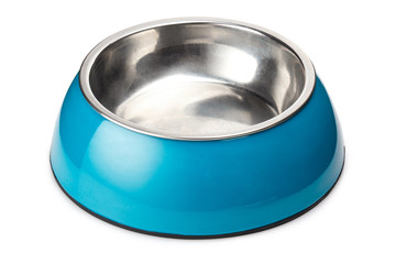 Pet feeding blue bowl, isolated on white background