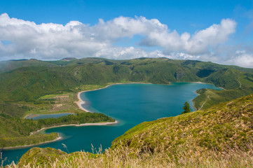 Fototapeta na wymiar Lagoa do Fogo is located in São Miguel Island, Azores. It is classified as a nature reserve and is the most beautiful lagoon of the Azores
