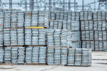 Openair storage of galvanized steel and aluminum frames, ladders, and ringlock scaffolding systems for many applications on restoration, industrial and construction sites.