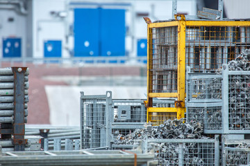 Openair storage of galvanized steel and aluminum frames, ladders, and ringlock scaffolding systems for many applications on restoration, industrial and construction sites.