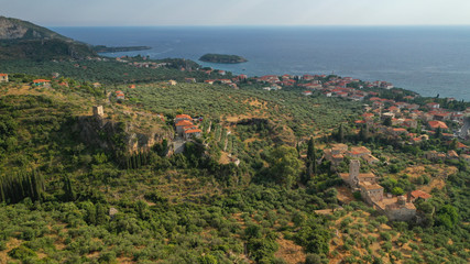 Fototapeta premium Aerial drone photo from picturesque village of Kardamili in the heart of Messinian Mani, Peloponnese, Greece