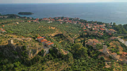 Aerial drone photo from picturesque village of Kardamili in the heart of Messinian Mani, Peloponnese, Greece