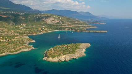 Naklejka na ściany i meble Aerial drone photo from picturesque village of Kardamili in the heart of Messinian Mani, Peloponnese, Greece