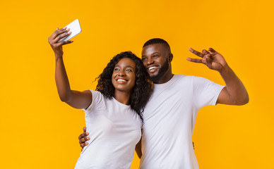 Beautiful afro couple taking selfie on smartphone