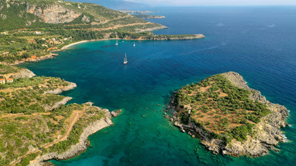 Obraz premium Aerial drone photo from picturesque village of Kardamili in the heart of Messinian Mani, Peloponnese, Greece