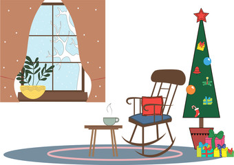 A cozy room with a rocking chair, a steaming cup of tea on the table, a Christmas tree and presents. Snow is visible from the window.