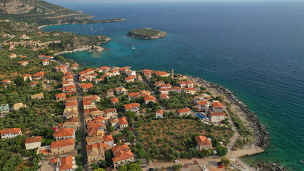 Naklejka premium Aerial drone photo from picturesque village of Kardamili in the heart of Messinian Mani, Peloponnese, Greece