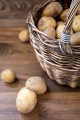 Fototapeta na wymiar Wicker basket filled with fresh potatoes on a wooden background. Some potatoes are scattered on the wooden surface. Top-side view