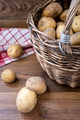 Fototapeta na wymiar Fresh potatoes in the basket and scattered around it and a red cotton napkin on a wooden background. Vertical