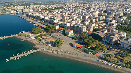 Aerial drone photo of famous seaside town and port of Kalamata, South Peloponnese, Greece