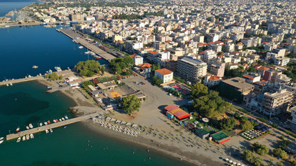 Obraz premium Aerial drone photo of famous seaside town and port of Kalamata, South Peloponnese, Greece