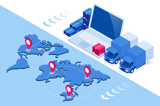 Global Logistics Network Flat 3d Isometric Vector Illustration Icons Set Of Air Cargo Trucking Rail Transportation Maritime Shipping On-time Delivery Vehicles Designed To Carry Large Numbers Of Cargo