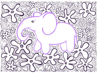 Violet doodle decor elephant with blue flowers