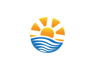 Fototapeta premium Bright sun on sea waves for logo design illustration on a white background