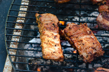 Spare ribs Cooking On Grill, Outdoor Beef and Pork BBQ