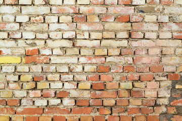 Old red brick wall strong and durable, Brick wall old shabby close up