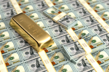 Gold bar and 100 Dollar banknotes - 3D Rendering