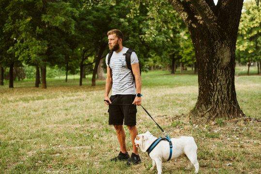 A man with a beard who took his dog for a walk, an English bulldog