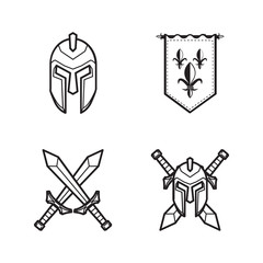 Set of medieval icon.  helmet, flag, sword vector illustration
