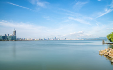 Fototapeta premium China Shenzhen City Building and Shenzhen Bay Park Sea Level Skyline Scenery