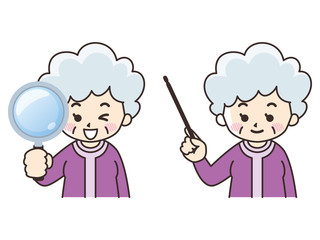 虫眼鏡と指し棒　シニア女性