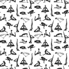 Yoga Poses Collection. Watercolor seamless pattern. Black and white.